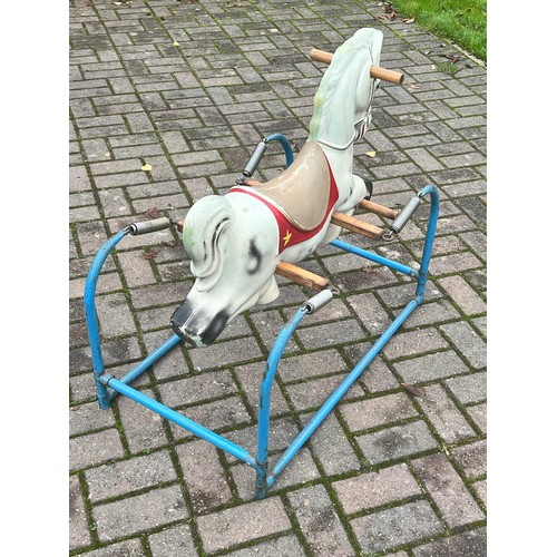 1138 - A vintage rocking horse on metal stand, 85cm long, 77cm high, 49cm wide.