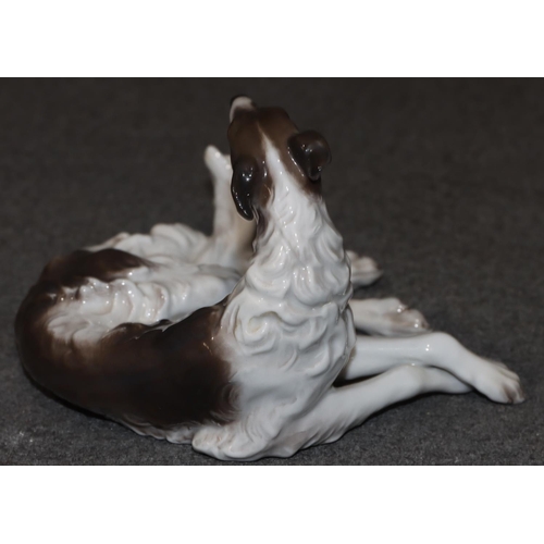 95 - A Rosenthal china figure of a resting dog on white and brown ground, 14cm wide, 9.5cm high