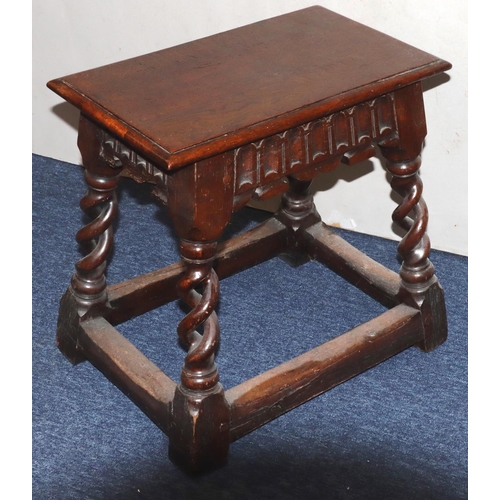 985 - An oak rectangular shaped joint stool with thumb pattern frieze with open barley twist legs and stre... 