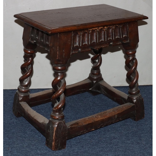 985 - An oak rectangular shaped joint stool with thumb pattern frieze with open barley twist legs and stre... 