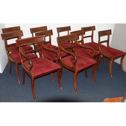 990 - A Set of 10 19th century mahogany dining chairs with drop in seats (2 backs restored)