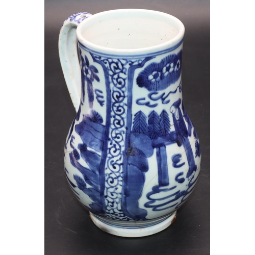 170 - An 18th/19th Century Oriental blue and white round bulbous shaped tankard with allover figure, lands... 