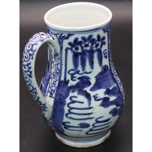 170 - An 18th/19th Century Oriental blue and white round bulbous shaped tankard with allover figure, lands... 