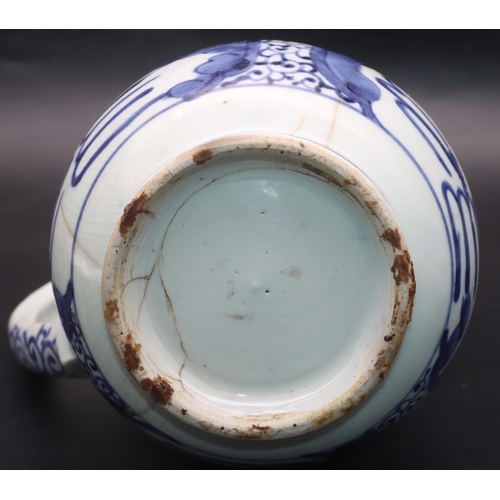 170 - An 18th/19th Century Oriental blue and white round bulbous shaped tankard with allover figure, lands... 