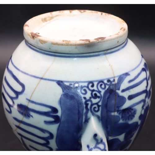 170 - An 18th/19th Century Oriental blue and white round bulbous shaped tankard with allover figure, lands... 