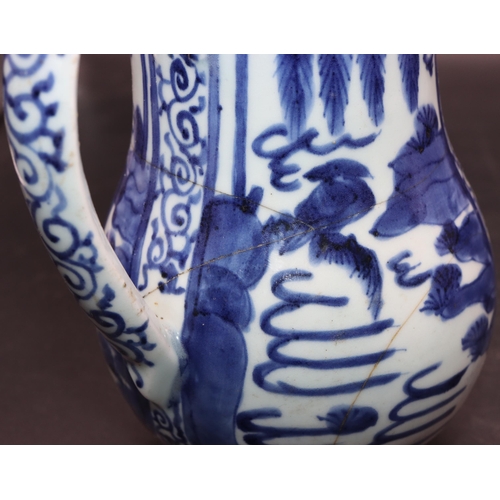 170 - An 18th/19th Century Oriental blue and white round bulbous shaped tankard with allover figure, lands... 