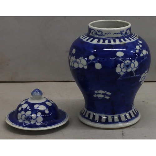 176 - A 19th century Chinese round bulbous lidded vase on blue and white ground with blossom decoration 20... 