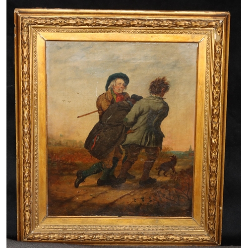 184 - A 19th Century oil on canvas, 29.5cm x 24cm, depicting 3 figures walking on path with dog and buildi... 