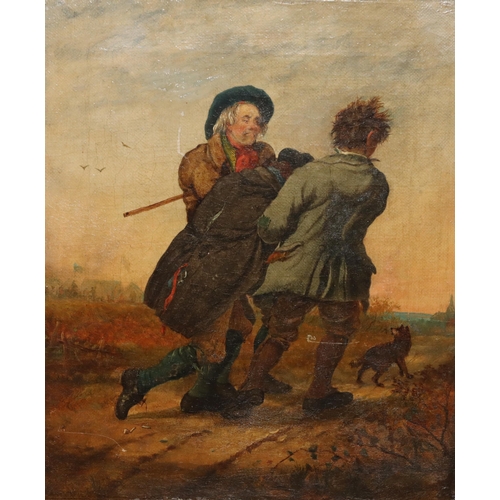 184 - A 19th Century oil on canvas, 29.5cm x 24cm, depicting 3 figures walking on path with dog and buildi... 