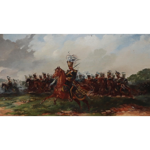 187 - Major T S Seccombe, military oil on board, 19cm x 34cm, 