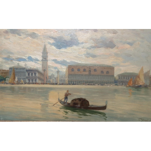 189 - Ferdinando Silvani, Italian oil on board, 18cm x 28.5cm, depicting a Venetian scene, signed, in gree... 