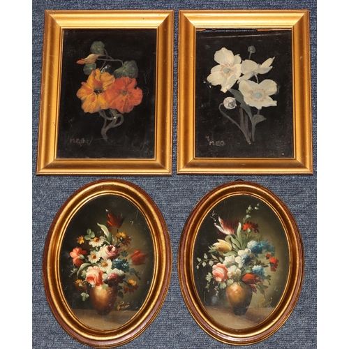 191 - A pair of small oval reproduction oil on panels, 16.5cm x 11.5cm still life 