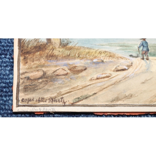 194 - An early 20th Century small watercolour, 14cm x 20cm, depicting figure on woodland path with town in... 