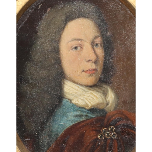 195 - An 18th Century miniature oil on panel, 18cm high overall, shoulder length portrait of a gentleman, ... 