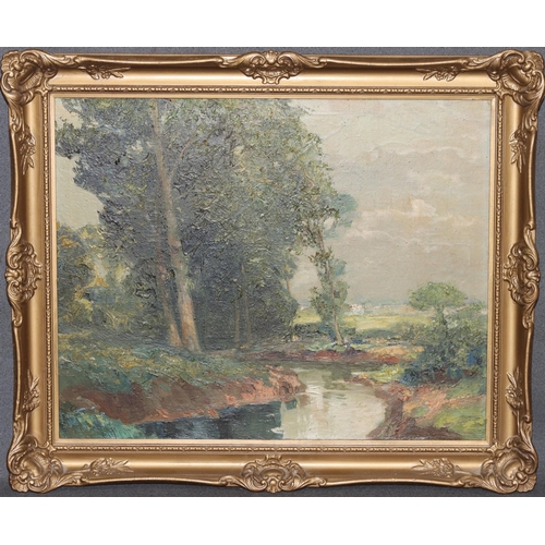 199 - An oil on canvas, 39.5cm x 49.5cm, depicting wooded river landscape with buildings in background, un... 