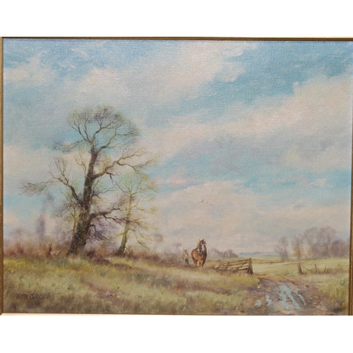 200 - Alwyn Crawshaw (B.1934), oil on canvas, 39cm x 49cm, depicting farm and shire horse in field, signed... 