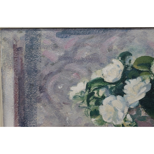 207 - Edmund Blampied (1886-1966, Jersey), oil on board, 51.5cm x 65cm, still life Camelias in vase on tab... 