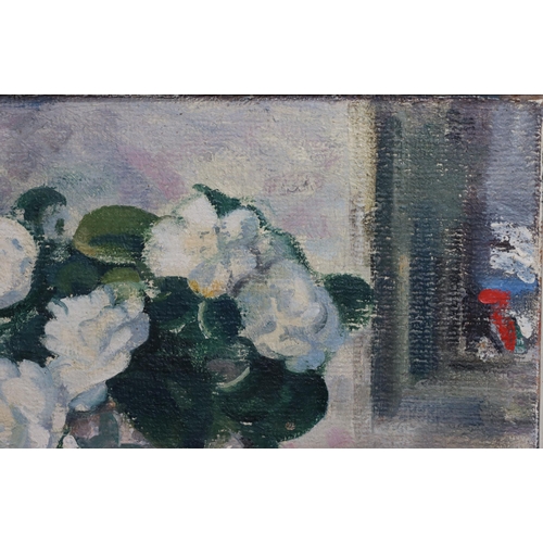 207 - Edmund Blampied (1886-1966, Jersey), oil on board, 51.5cm x 65cm, still life Camelias in vase on tab... 