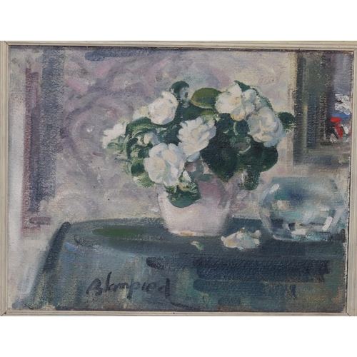 207 - Edmund Blampied (1886-1966, Jersey), oil on board, 51.5cm x 65cm, still life Camelias in vase on tab... 