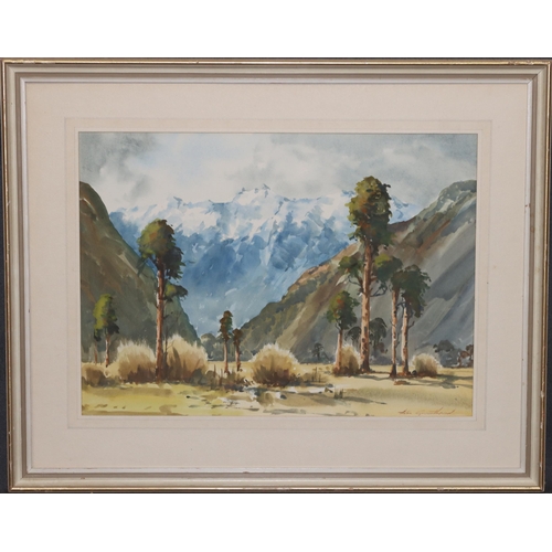 208 - Aston Greathead (1921-2012 New Zealand), watercolour, 40cm x 55.5cm, open landscape with snowy mount... 