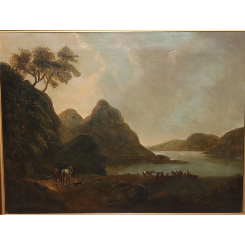 216 - An early 19th Century oil on canvas river landscape, 50cm x 65cm, depicting figures and horses loadi... 