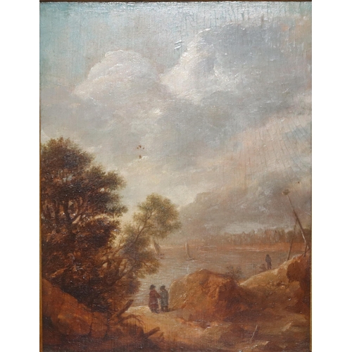 217 - After Pieter Molyn, 17th Century oil on oak panel, 25cm x 19cm, depicting various figures on riverba... 