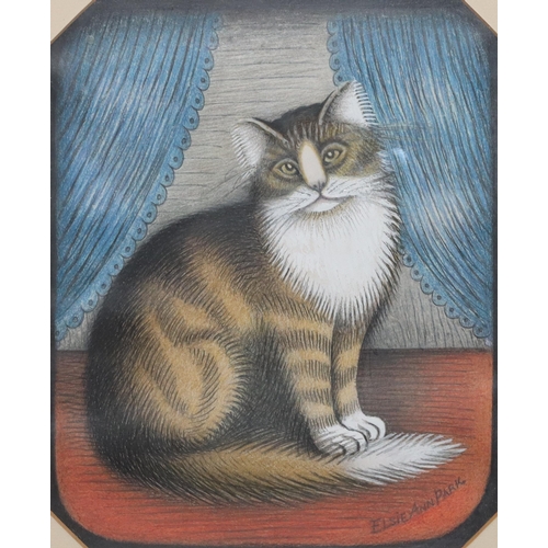 219 - Elsie Ann Park, pastel, 24cm x 19.5cm, portrait of a seated cat 