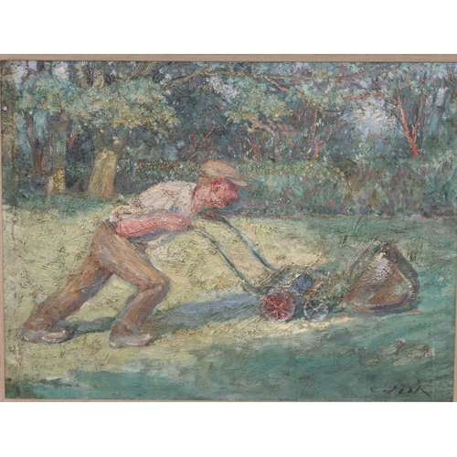 221 - An oil on canvas 32cm x 42cm, depicting gardener mowing grass, initialled JDK, in white painted and ... 