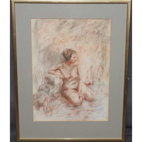 222 - Nicholls crayon sketch, 54.5cm x 40cm, depicting kneeling female nude, signed and marked 39YR, in gi... 