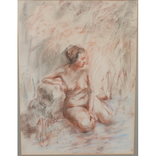 222 - Nicholls crayon sketch, 54.5cm x 40cm, depicting kneeling female nude, signed and marked 39YR, in gi... 