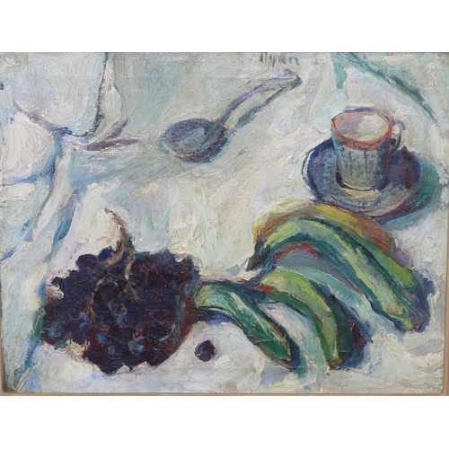 224 - Adrian Ryan (1920/1998), oil on canvas, 35cm x 44.5cm, still life depicting grapes, bananas, cup and... 