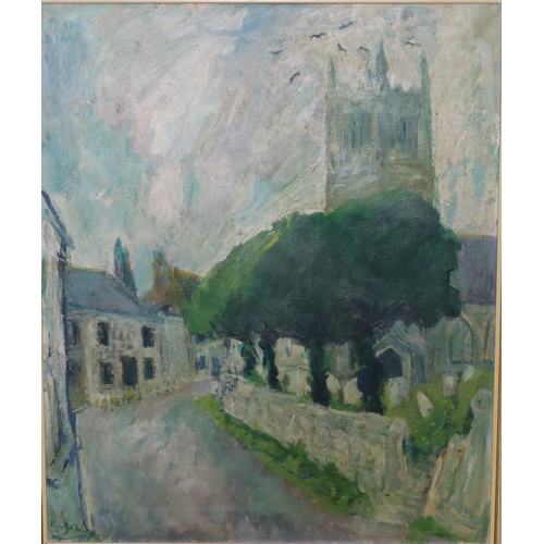 225 - Adrian Ryan (1920/1988), oil on canvas, 75cm x 62cm, depicting village street scene with church, sig... 