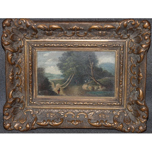 227 - A small oil on board, 8cm x 12.5cm, depicting figures and horses on wooden country path, unsigned, i... 