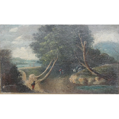 227 - A small oil on board, 8cm x 12.5cm, depicting figures and horses on wooden country path, unsigned, i... 