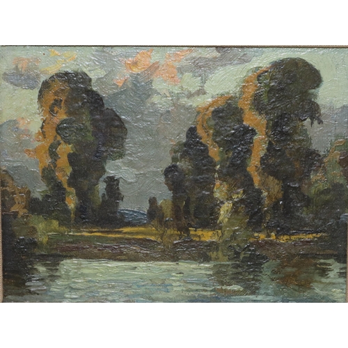 231 - Frederick Hayden (1874 - 1931), oil on board, 14.5cm x 17cm, depicting river landscape with trees on... 