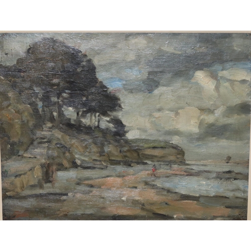 235 - Frederick Hayden (1874 - 1931), oil on canvas, 35cm x 45cm, depicting rocky shoreline with figures i... 