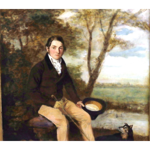 239 - A 19th Century oil on board, 54.5cm x 41cm, full length portrait of a seated gentlemen with dog (Jam... 