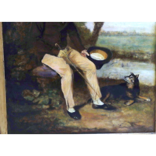 239 - A 19th Century oil on board, 54.5cm x 41cm, full length portrait of a seated gentlemen with dog (Jam... 