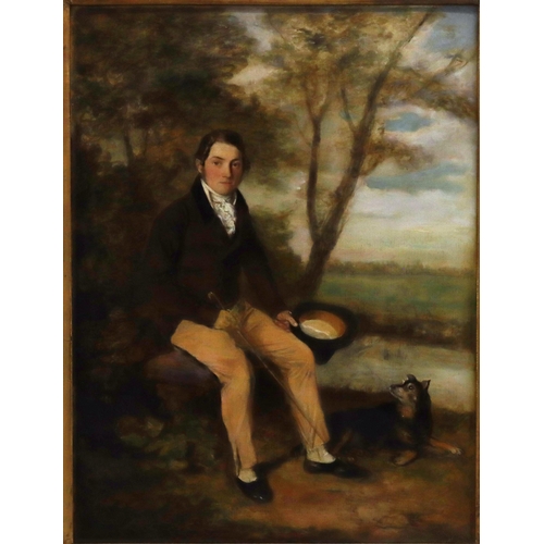 239 - A 19th Century oil on board, 54.5cm x 41cm, full length portrait of a seated gentlemen with dog (Jam... 