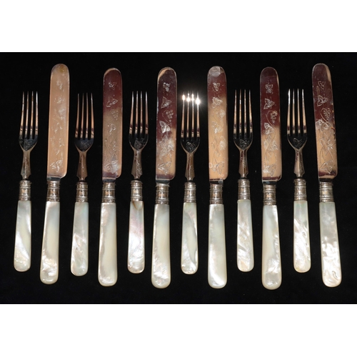 287 - A set of 6 silver plated and Mother of Pearl handled fruit knives and forks with part engraved decor... 