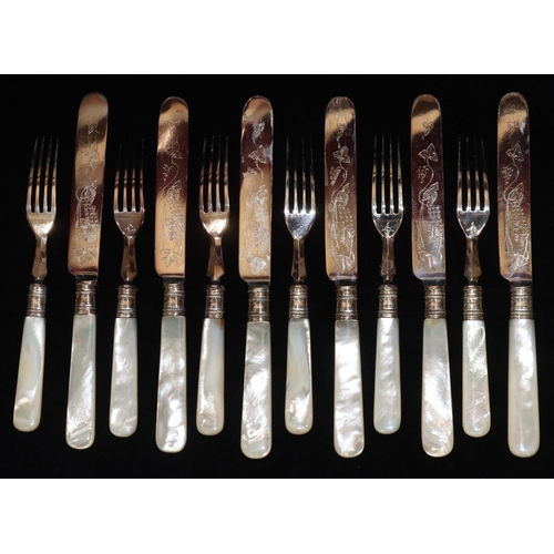 287 - A set of 6 silver plated and Mother of Pearl handled fruit knives and forks with part engraved decor... 