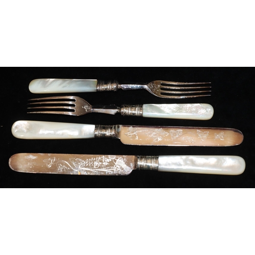 287 - A set of 6 silver plated and Mother of Pearl handled fruit knives and forks with part engraved decor... 