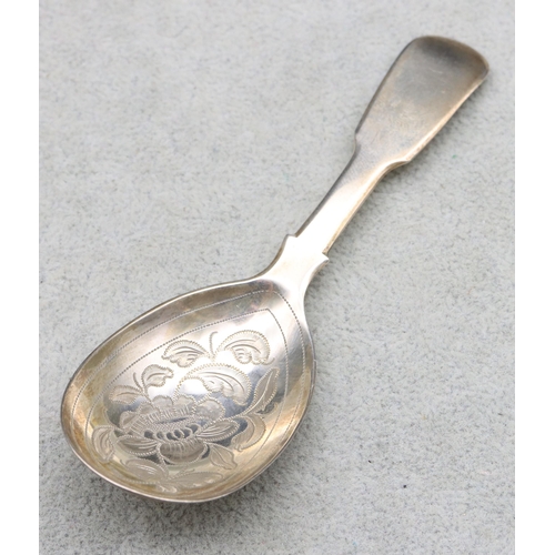 301 - A William IV silver caddy spoon with engraved bowl, London 1831, maker's mark JB