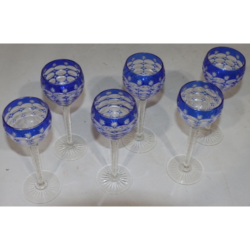 36 - A set of 6 blue and clear Hock glasses, 20.5cm high