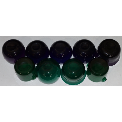 37 - 3 Georgian Bristol glass finger bowls, 12cm diameter, 2 similar green glass finger bowls, 2 purple g... 