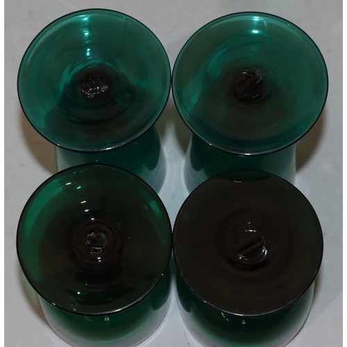 48 - A pair of 18th/19th Century Bristol green bulbous shaped glasses on round bases, 11.2cm high and a p... 