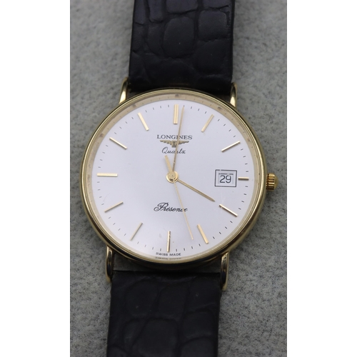 510 - A Longines 9ct gold Quartz Presence gentlemen's circular wristwatch with white enamel dial, seconds ... 