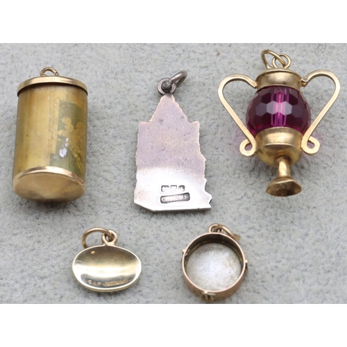 524 - A gold cylindrical charm inset with £1 note, a 9ct gold and red glass charm in the form of a trophy,... 