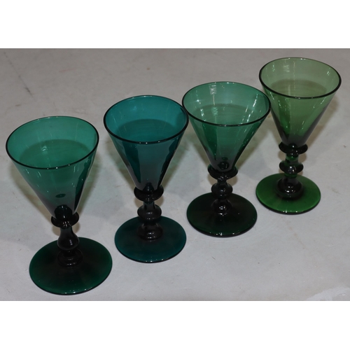 54 - 4 odd Georgian Bristol green round trumpet shaped glasses with knob stems on round bases (4)