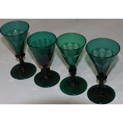 56 - 4 various Georgian Bristol green round trumpet shaped glasses with chamfer bowls with knob and turne... 